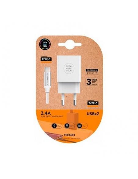 CARGADOR DOBLE + CABLE USB-C TECH ONE TECH BLANCO - Imagen 2