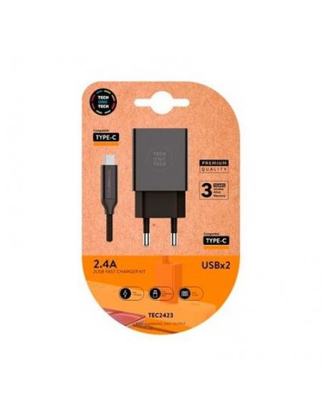 CARGADOR DOBLE + CABLE USB-C TECH ONE TECH NEGRO - Imagen 2