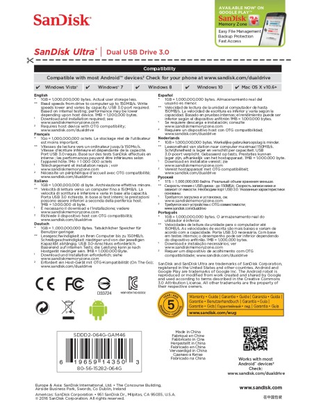 Sandisk Ultra Dual USB Drive 3.0 unidad flash USB 64 GB USB Type-A   Micro-USB 3.0 (3.1 Gen 1) Negro