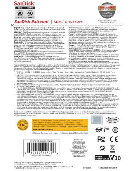 Sandisk Extreme memoria flash 64 GB SDXC Clase 10 UHS-I