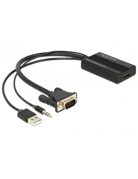 DeLOCK 62597 adaptador de cable de vídeo 0,25 m VGA, 3-pin, USB A HDMI Negro
