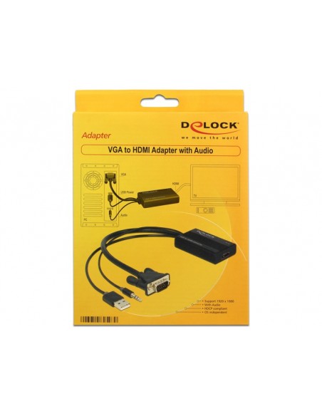 DeLOCK 62597 adaptador de cable de vídeo 0,25 m VGA, 3-pin, USB A HDMI Negro