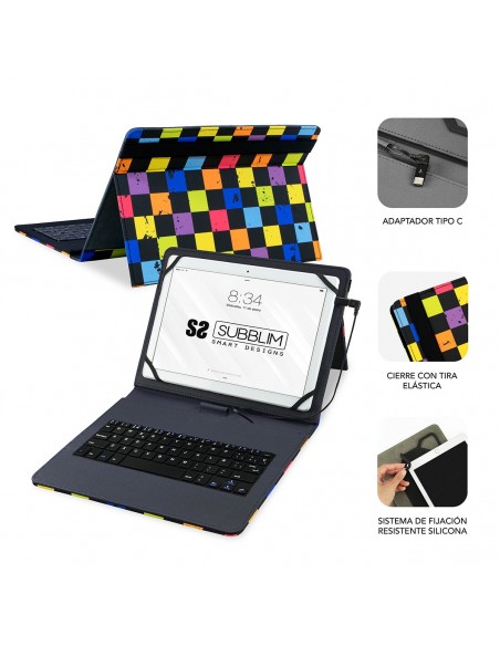SUBBLIM Funda con Teclado Micro USB - USB C KEYTAB USB 10,1" Squares