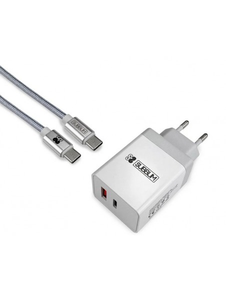 SUBBLIM CARGADOR ULTRA RAPIDO 2xUSB DE PARED PD18W+2.4A + Cable C to C Blanco
